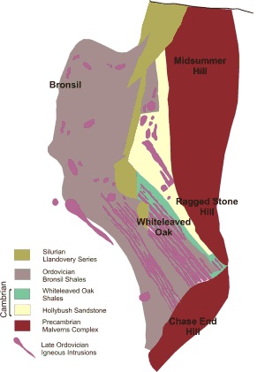 Figure Five. Ordovician Igneous intrusions in the Cambrian strata in the southern Malvern Hills