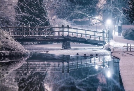 Seasonal Card 3 - showing the bridge in Malvern's Priory Park in snow at night