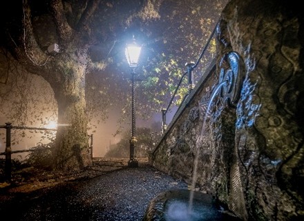 Malvern Spa Association card D - the Malvinha spout at night