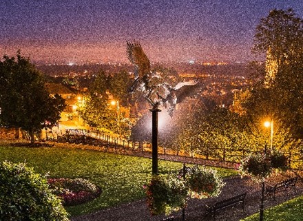 Malvern Spa Association card G Sculpture in Rose Bank Gardens at night