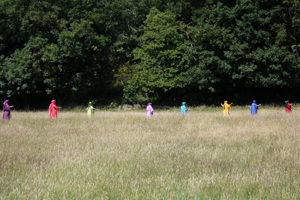 Rainbow guardians of the earth processing through a field - Malvern Spa Association 2020