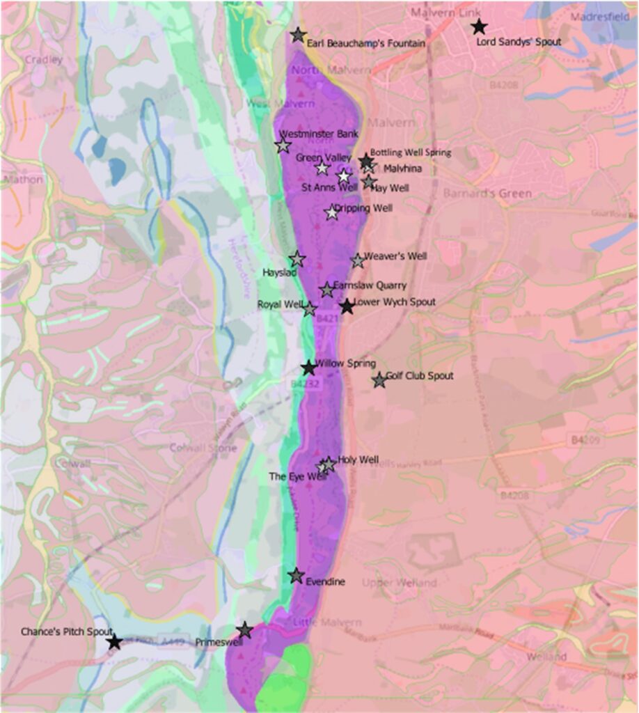 Geological map of Malvern Hills showing location of springs/wells